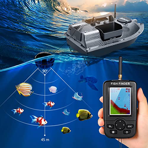 500M Bilbear GPS 3 Hoppers Fishing Bait Boat Carp Fishing Bait Boat Carp Hook Post Boat,LCD Fishfinders with Sonar Sensor,Handbag,Spare Batteries (Carbon Boat with Fishfinder)