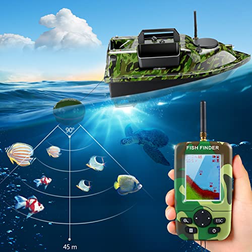 500M Bilbear GPS 3 Hoppers Fishing Bait Boat Carp Fishing Bait Boat Carp Hook Post Boat,LCD Fishfinders with Sonar Sensor,Handbag,Spare Batteries (Camo Boat with Fishfinder)