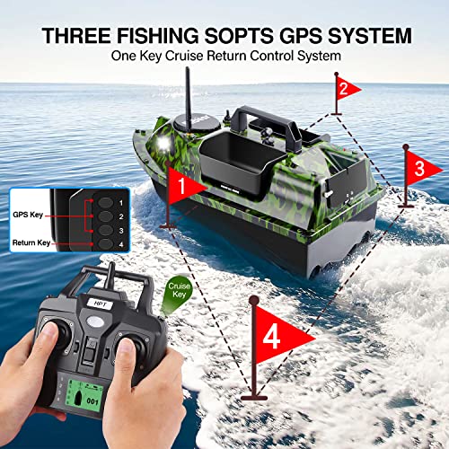 500M Bilbear GPS 3 Hoppers Fishing Bait Boat Carp Fishing Bait Boat Carp Hook Post Boat,LCD Fishfinders with Sonar Sensor,Handbag,Spare Batteries (Camo Boat with Fishfinder)