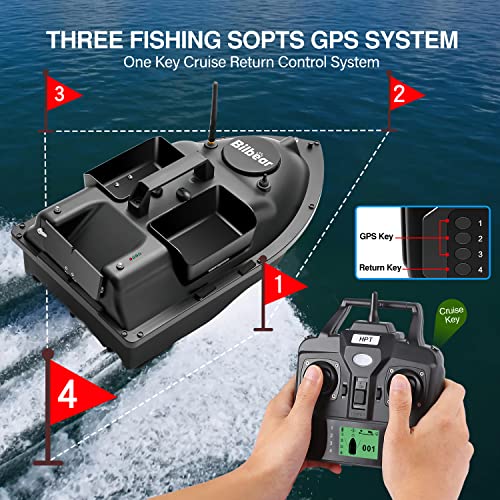 500M Bilbear GPS 3 Hoppers Fishing Bait Boat Carp Fishing Bait Boat Carp Hook Post Boat,LCD Fishfinders with Sonar Sensor,Handbag,Spare Batteries (Black Boat)