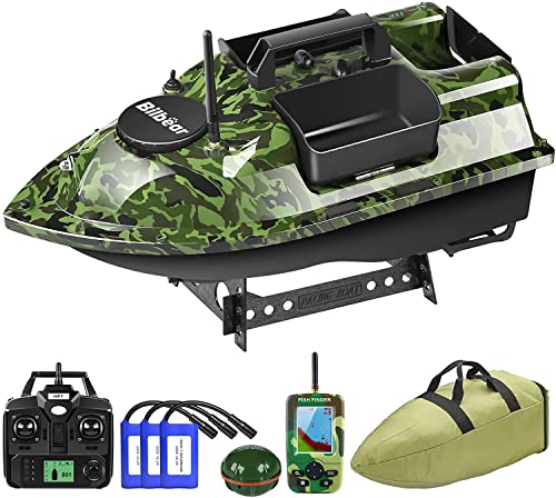 500M Bilbear GPS 3 Hoppers Fishing Bait Boat Carp Fishing Bait Boat Carp Hook Post Boat,LCD Fishfinders with Sonar Sensor,Handbag,Spare Batteries (Camo Boat with Fishfinder)