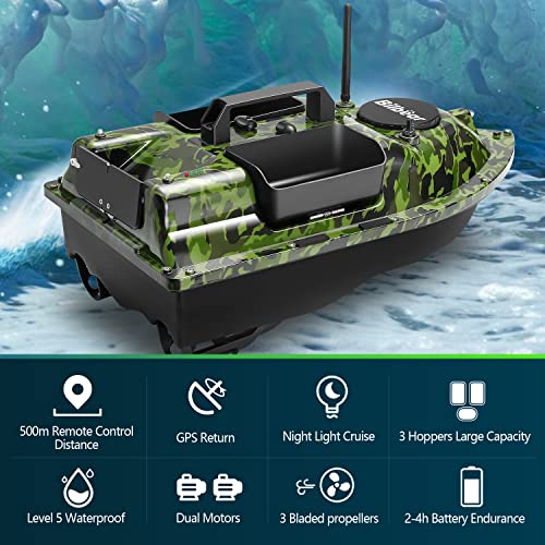 500M Bilbear GPS 3 Hoppers Fishing Bait Boat Carp Fishing Bait Boat Carp Hook Post Boat,LCD Fishfinders with Sonar Sensor,Handbag,Spare Batteries (Camo Boat)