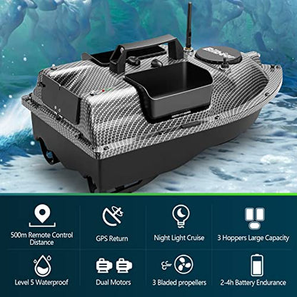 500M Bilbear GPS 3 Hoppers Fishing Bait Boat Carp Fishing Bait Boat Carp Hook Post Boat,LCD Fishfinders with Sonar Sensor,Handbag,Spare Batteries (Carbon Boat with Fishfinder)