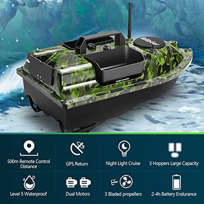 500M Bilbear GPS 3 Hoppers Fishing Bait Boat Carp Fishing Bait Boat Carp Hook Post Boat,LCD Fishfinders with Sonar Sensor,Handbag,Spare Batteries (Camo Boat with Fishfinder)